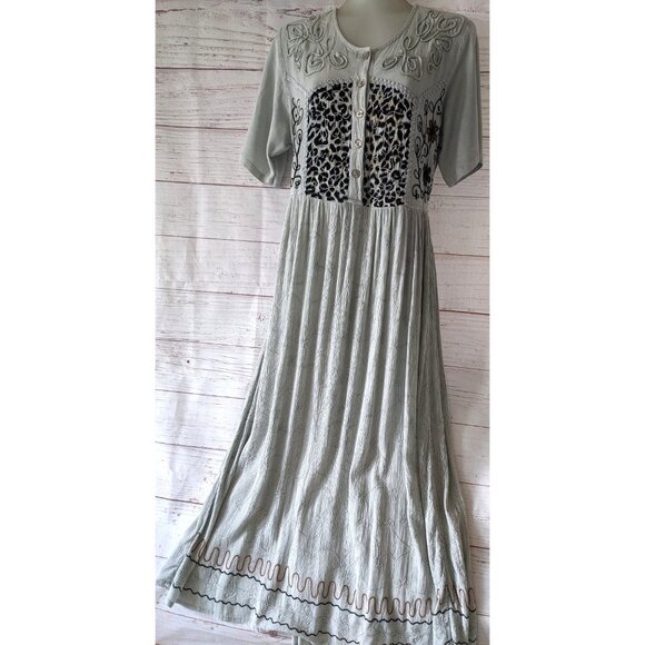 VTG Cool Plus Women Dress Midi Gray Cotton Crepe Short Sleeve Embroidery Size M - Picture 2 of 9